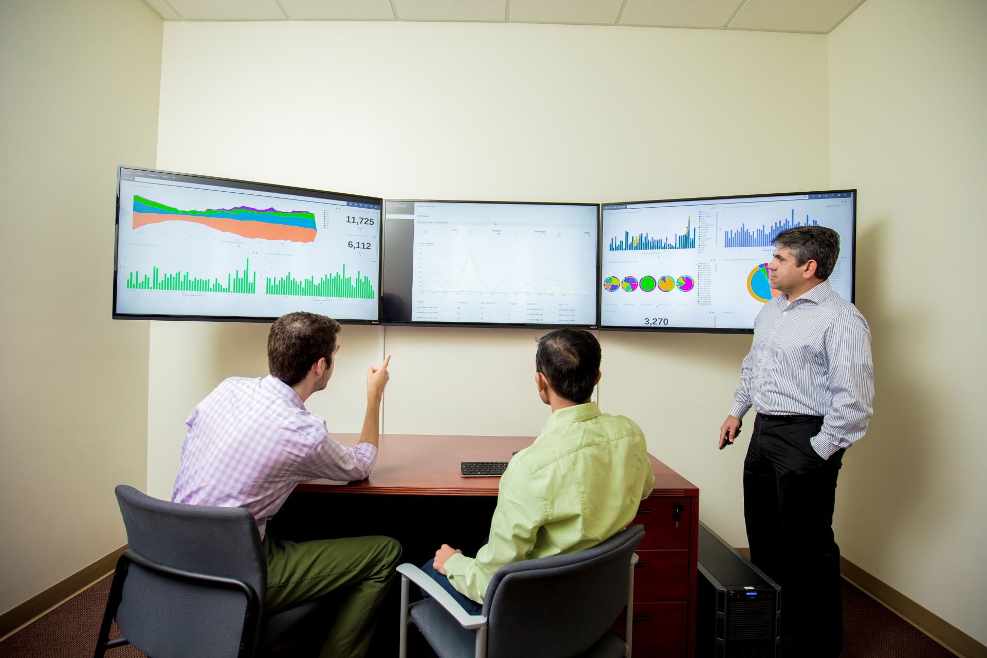 Two students and a professor standing in front of three screens displaying graphs and charts